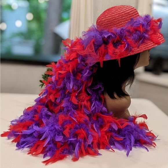 Red Hat Society Red Hat with Red and Purple Feather Fall - Picture 2 of 5